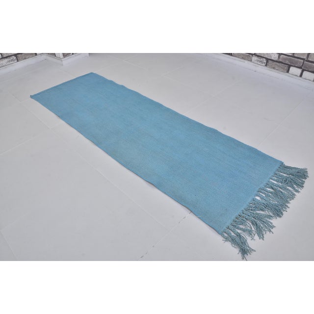 Textile Blue Vintage Hemp Kilim Runner For Sale - Image 7 of 10