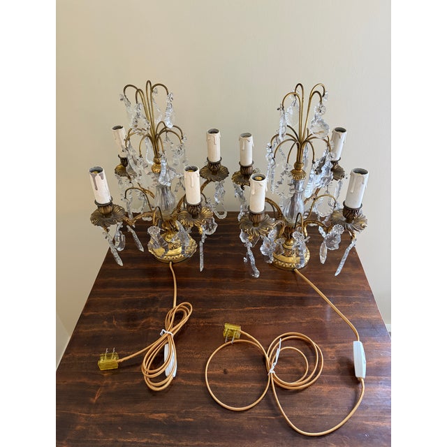 Antique French Dore Bronze & Crystal Girandole Candelabra Lamps - a Pair For Sale - Image 12 of 13