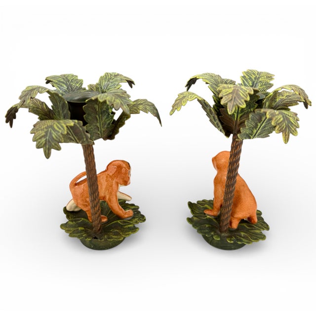 Green Mid 20th Century Pair of Hand-Painted Porcelain Monkey & Tole Palm Candlesticks, Petites Choses Attributed For Sale - Image 8 of 12