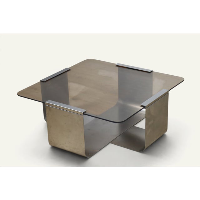Metal Coffee Table in Brushed Steel and Smoked Glass, 1970s For Sale - Image 7 of 14