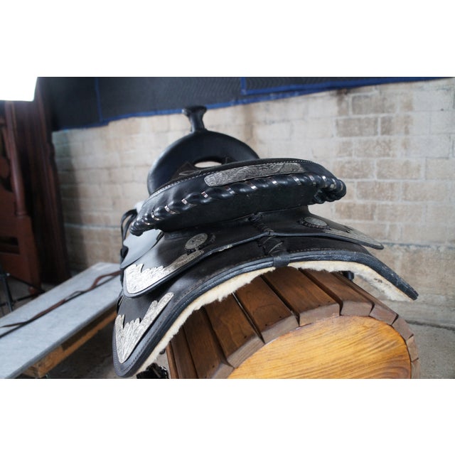Vintage American Western Black & Silver Tooled Leather Embossed Horse Saddle For Sale - Image 12 of 12