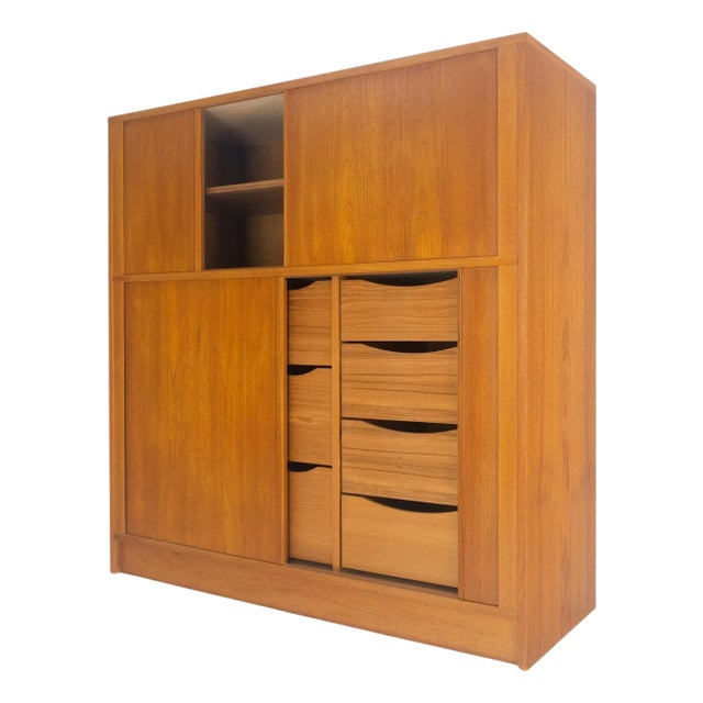 Danish Teak Tambour Doors 9 Drawers Dresser High Boy Chest Credenza Cabinet MINT For Sale