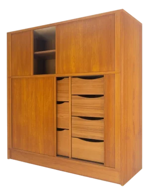 Danish Teak Tambour Doors 9 Drawers Dresser High Boy Chest Credenza Cabinet MINT