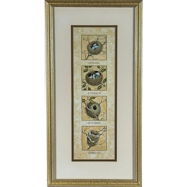 Wood Vintage Nancy J Shumaker Pallan Bird Beginnings Seasonal Framed Prints Pair For Sale - Image 7 of 11