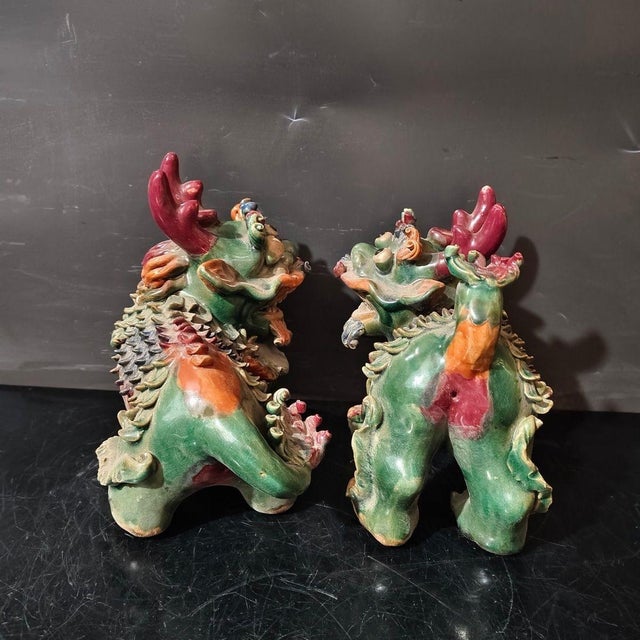 Ceramic Vintage Shiwan Ware Foo Dog Statues | Pair of Ceramic Guardian Lions / Pixiu | 8" Tall For Sale - Image 7 of 9