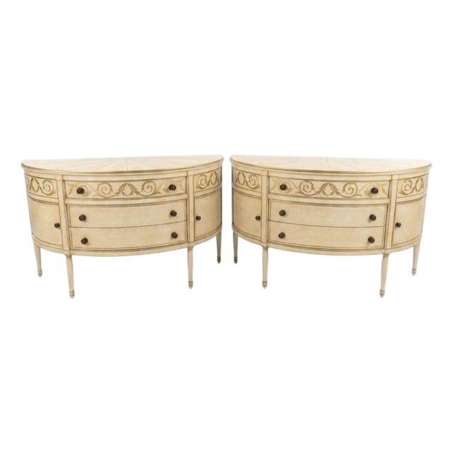 1990s Pair of Niermann Weeks Hand-Painted Neoclassical Sunburst Demilune Consoles For Sale