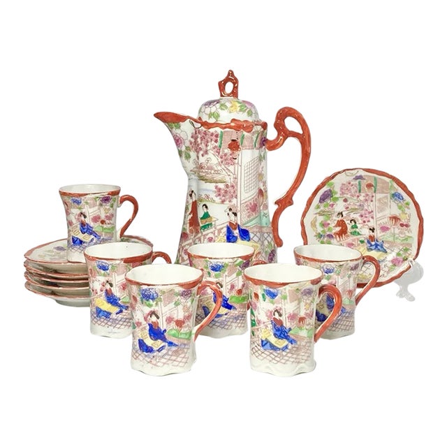 1940s Postwar Japanese Import 13-Piece Bone China Demitasse Coffee Set For Sale