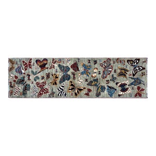 Hand-Knotted Pictorial Butterfly Runner on Natural Grey, 2'10" X 9'8" For Sale