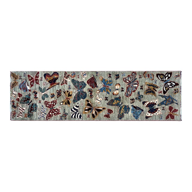 Hand-Knotted Pictorial Butterfly Runner on Natural Grey, 2'10" X 9'8" For Sale