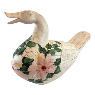 Vintage Large Folk Art Hand Made and Hand Painted Wooden Goose Box For Sale