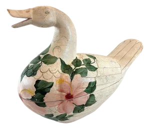 Vintage Large Folk Art Hand Made and Hand Painted Wooden Goose Box