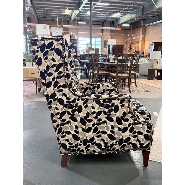 Traditional Sam Moore Upholstered Wingback Lounge Chair in Botanical Leaf Fabric For Sale - Image 3 of 11