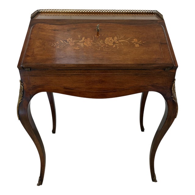 Antique Victorian French Rosewood Marquetry Inlaid Bureau, 1860s For Sale