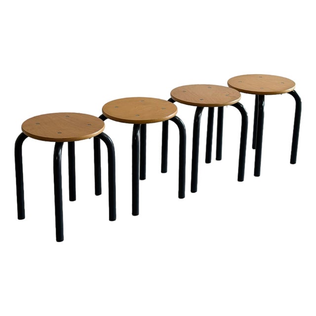 Set of 4 Vintage Danish Stools Mid Century Modern Beech & Metal Seating For Sale