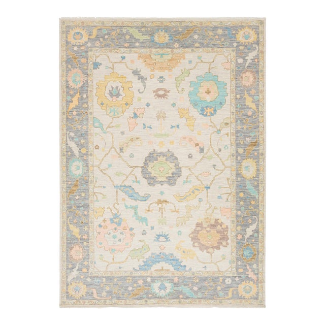 Contemporary Pastel Oushak Style Hand-Knotted Wool Rug – Soft Neutral & Blue For Sale