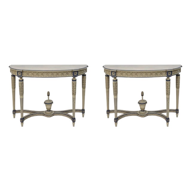 Italian Neo-Classic Maison Jansen Style Carved & Painted Console Tables - Pair For Sale