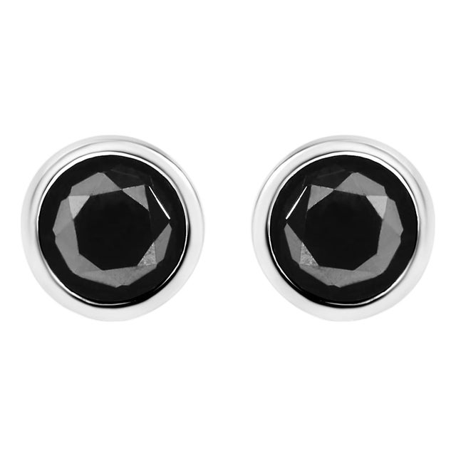 .925 Sterling Silver 2.00 Cttw Round Brilliant-Cut Black Diamond Bezel-Set Stud Earrings with Screw Backs, A Pair For Sale