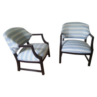 Mid-Century Silk Striped Club Chairs - A Pair For Sale