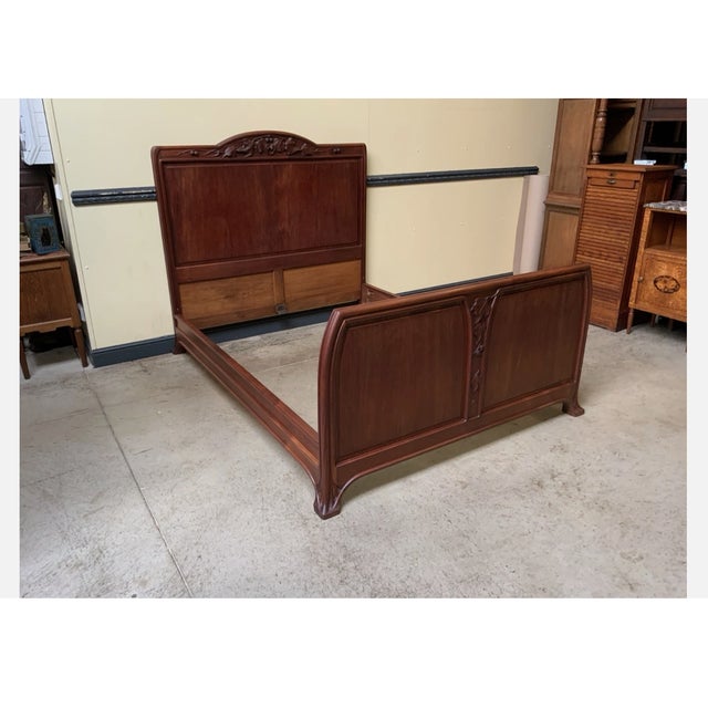 Antique Art Nouveau Ornate Walnut Bed, 1910 For Sale - Image 4 of 9