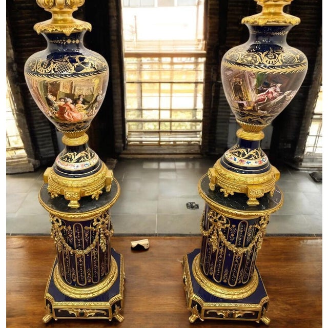 1960s 1960s Majestic Pair of Antique Sevres-Style Porcelain & Ormolu Candelabra Lamps on Pedestals 19th Century For Sale - Image 5 of 8
