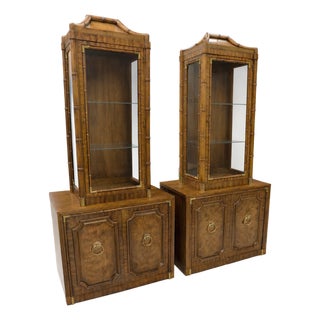 Pair of Mid 20th Century Weiman Faux Bamboo Burl Pagoda Vitrines on Matching Cabinets For Sale
