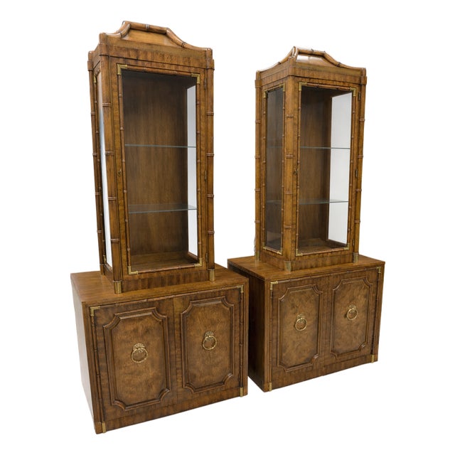 Pair of Mid 20th Century Weiman Faux Bamboo Burl Pagoda Vitrines on Matching Cabinets For Sale