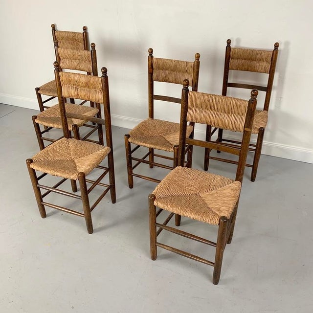 Mid-Century Oak and Straw Chairs by Charlotte Perriand, France, 1960s, Set of 6 For Sale - Image 15 of 17
