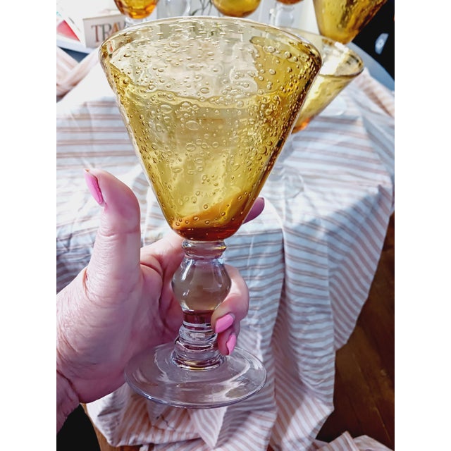 1960s Artland Vintage Hand Blown Amber Bubble Glass Goblets Set For Sale In Chicago - Image 6 of 15