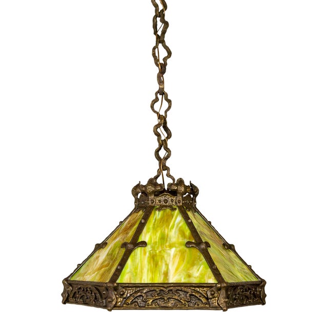 Early 20th Century Cast Bronze & Green Amber Slag Glass Hex Paneled Pendant Light For Sale