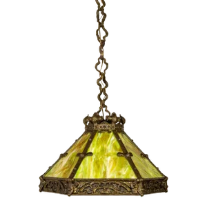 Early 20th Century Cast Bronze & Green Amber Slag Glass Hex Paneled Pendant Light