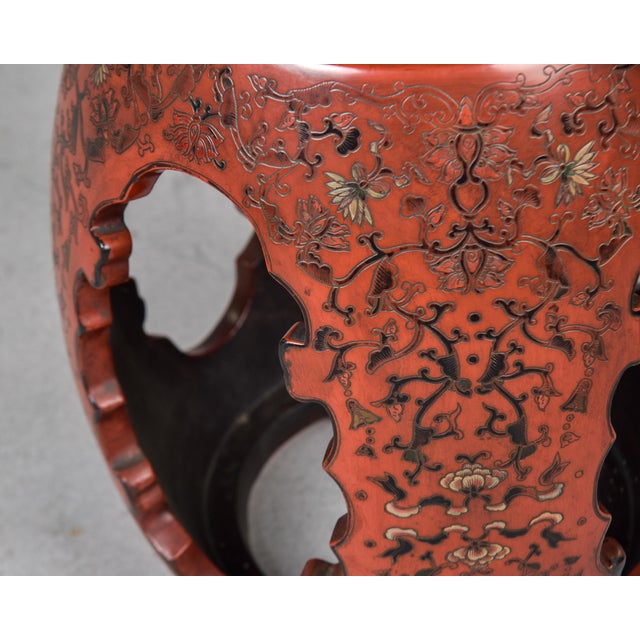 Vintage Chinese Carved and Etched Wooden Drum Table or Stool For Sale - Image 10 of 12