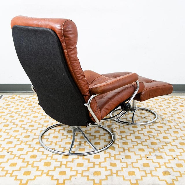 Ekornes ASA Mid Century Modern Lounge Chair Red Leather Attributed to Ekornes Recliner Norway Chrome Base For Sale - Image 4 of 11