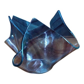 Vintage Murano Style Amethyst Studio Art Glass Blue Swirl Handkerchief Bowl For Sale