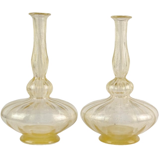 Antique Venetian Murano Gold Flecks Art Glass Pleated Genie Bottle