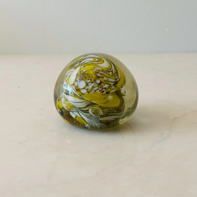Vintage Art Glass Paper Weight in Yellow and White Swirl Measures approx: 3D Please visit my other listings for more...