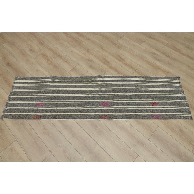 Mid-Century Modern 1980s Scandinavian Style Stripe Design Handmade Oushak Kilim Runner Rug For Sale - Image 3 of 12