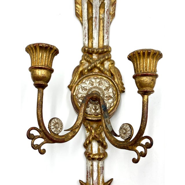 Early 20th Century Antique Italian Silver & Gold Giltwood Arrow Candle Sconces - A Pair For Sale - Image 5 of 12