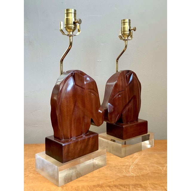 Mid-Century Modern Vintage Carved Wood Horse Lamps on Lucite Base - A Pair For Sale - Image 3 of 17