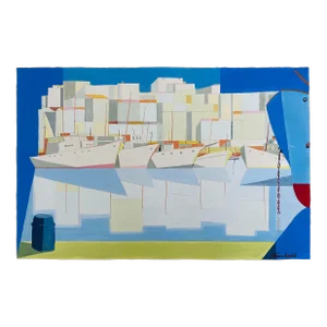 Jean David, Romanian Modernist Gouache Painting Of Buildings And Boats - Jean David