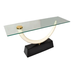 Karl Springer Style Faux Ivory Tusk Brass Disc Glass Console Table Regency 1980