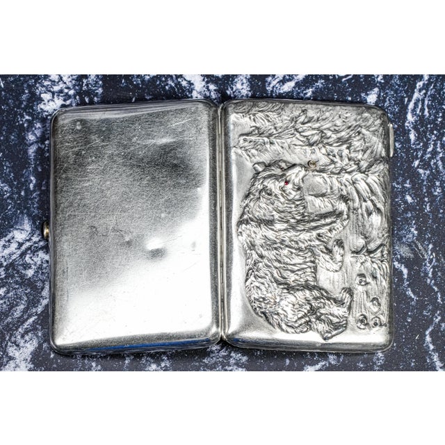 Exceptional Art Nouveau Antique Cigarette Case 875 Sterling Silver Bear Design Ruby Eyes Diamond Accent For Sale - Image 17 of 18