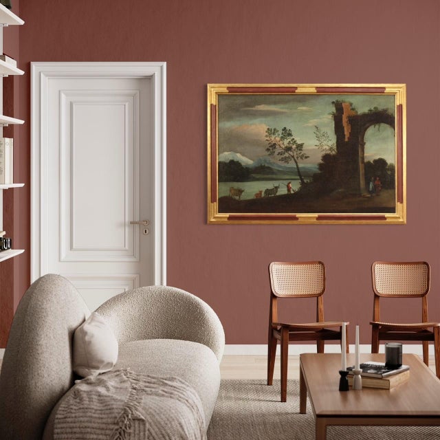 Italian Painting Landscape with Characters and Ruins, 1750, Oil on Canvas, Framed For Sale - Image 6 of 17