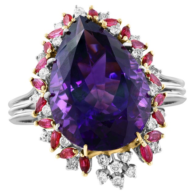 32X23 MM PEAR Amethyst , Diamond & Ruby 14 Kt Yellow Gold Cocktail Ring, 1960's For Sale - Image 15 of 18