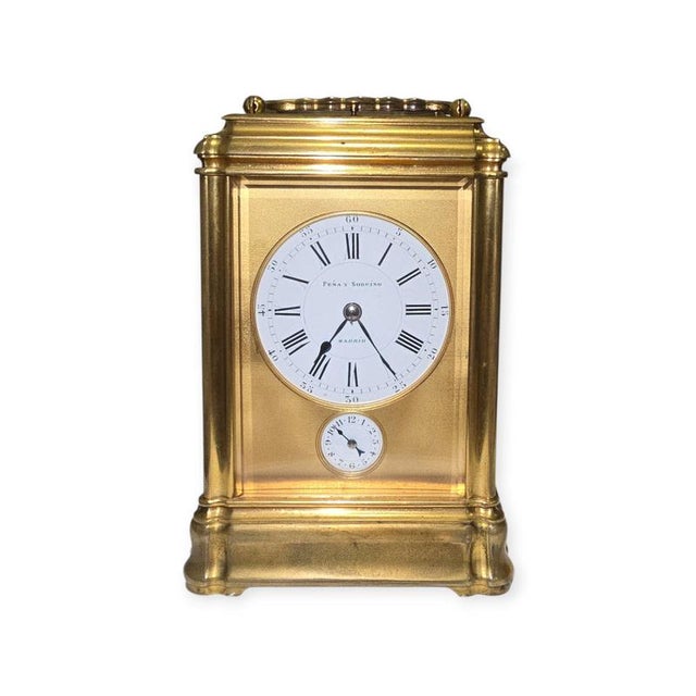Antique Spanish Gilt Bronze Carriage Clock by Peña Y Sobrino, 1890 For Sale - Image 11 of 12