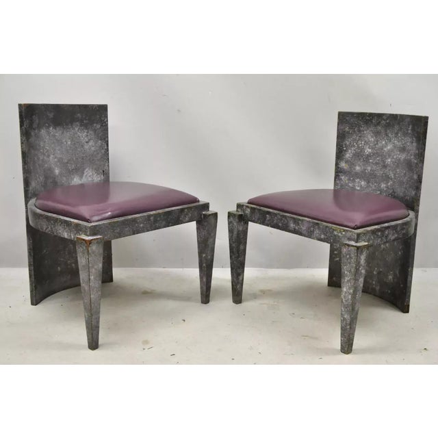 Vintage Postmodern Art Deco Purple and Gray Lacquer Game Chairs - a Pair. Item features a faux concrete painted finish,...