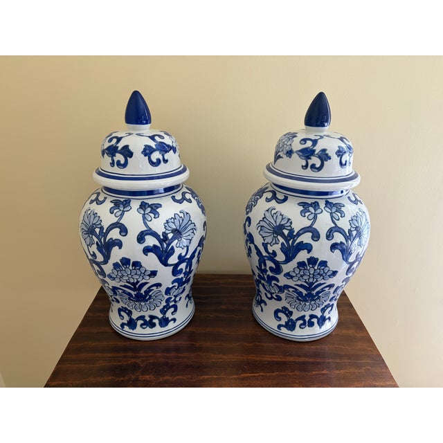 Ceramic Chinoiserie Large Blue and White Porcelain Ginger Jars, Pair For Sale - Image 7 of 8