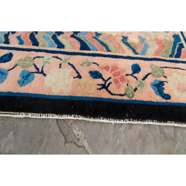 Peach 1910s Antique Chinese Botanical Figural Design Navy Blush Hand Knotted Pile Rug - 3’2” X 5’9” For Sale - Image 8 of 10