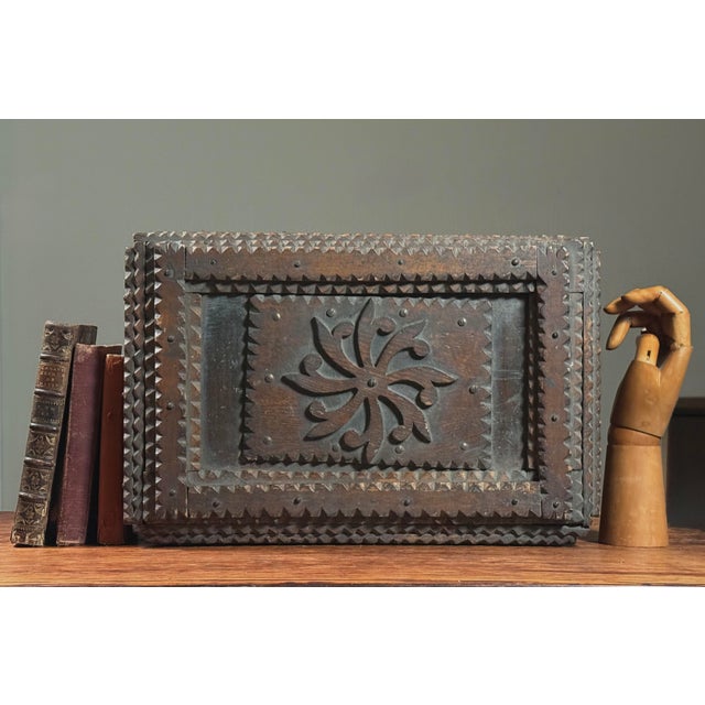 Monumental Antique Tramp Art Chip-Carved Chest Dimensions: 17.3" W x 11.5" D x 7.75" H Description: A large-scale chest in...