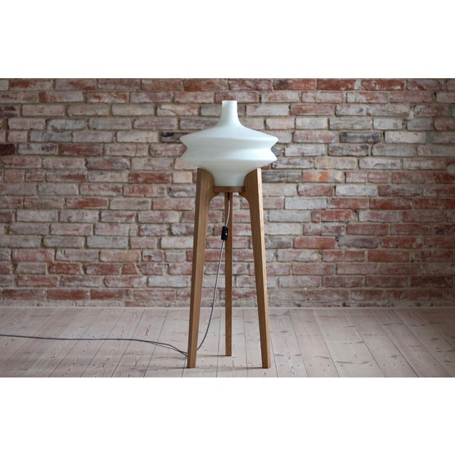 Cream Space Age Floor Lamp with White Glass Lampshade and Wooden Tripod Base, Czechoslovakia, 1960s For Sale - Image 8 of 8