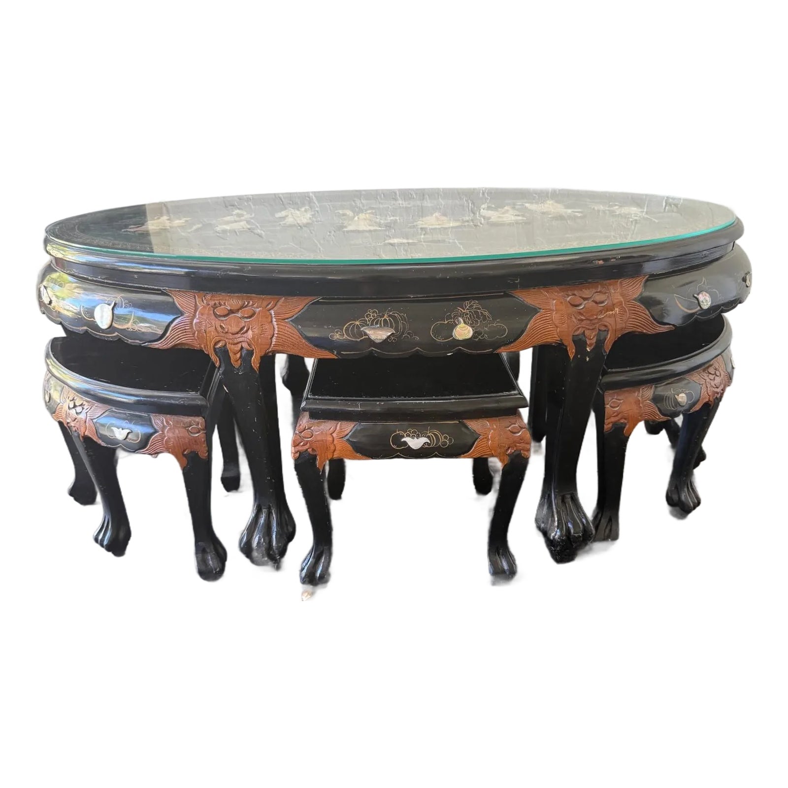 1950s Asian Black Lacquer Inlaid Coffee Table With Nested Stools | Chairish